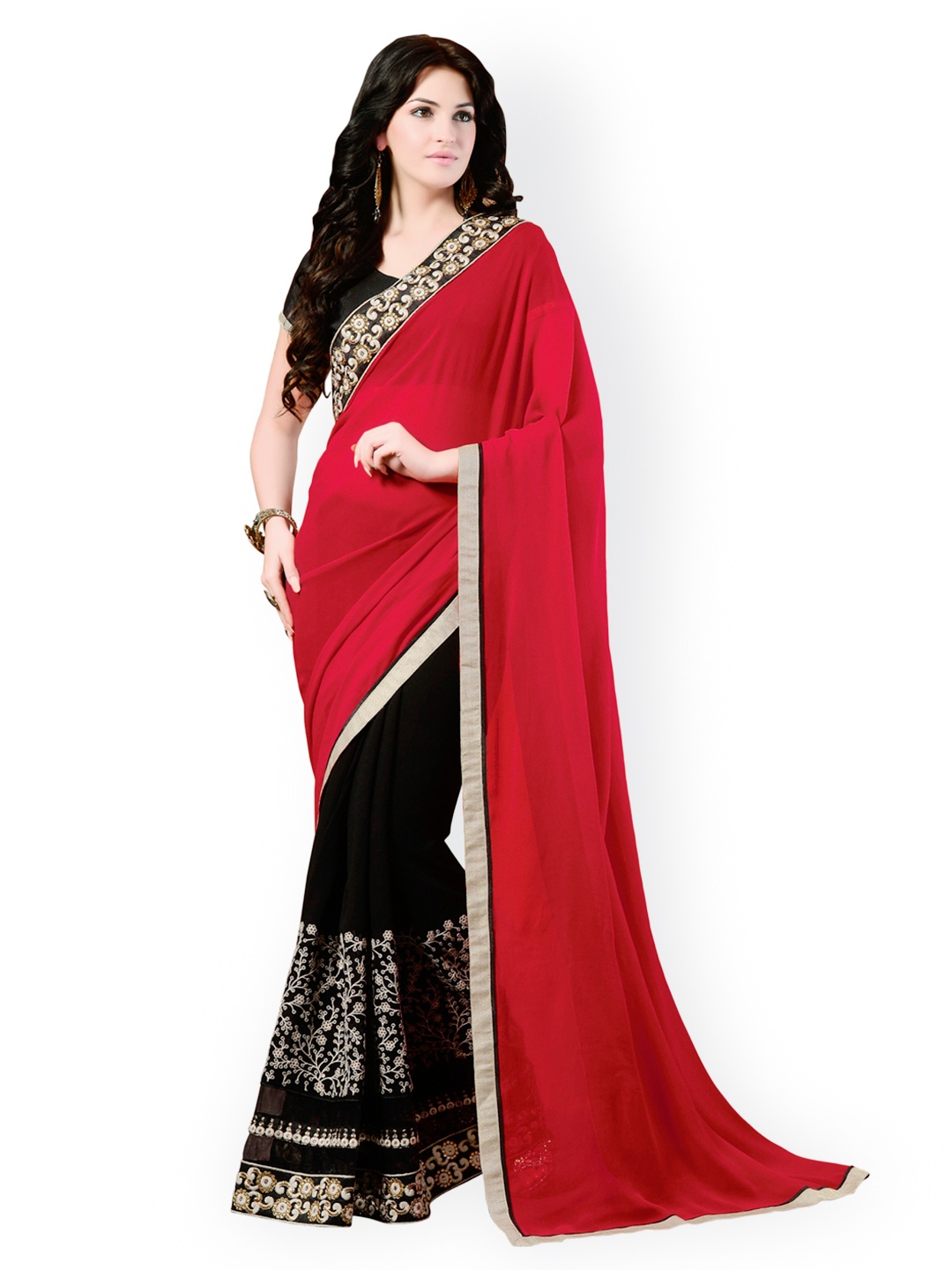 

Kalista Red & Black Embroidered Georgette Partywear Saree
