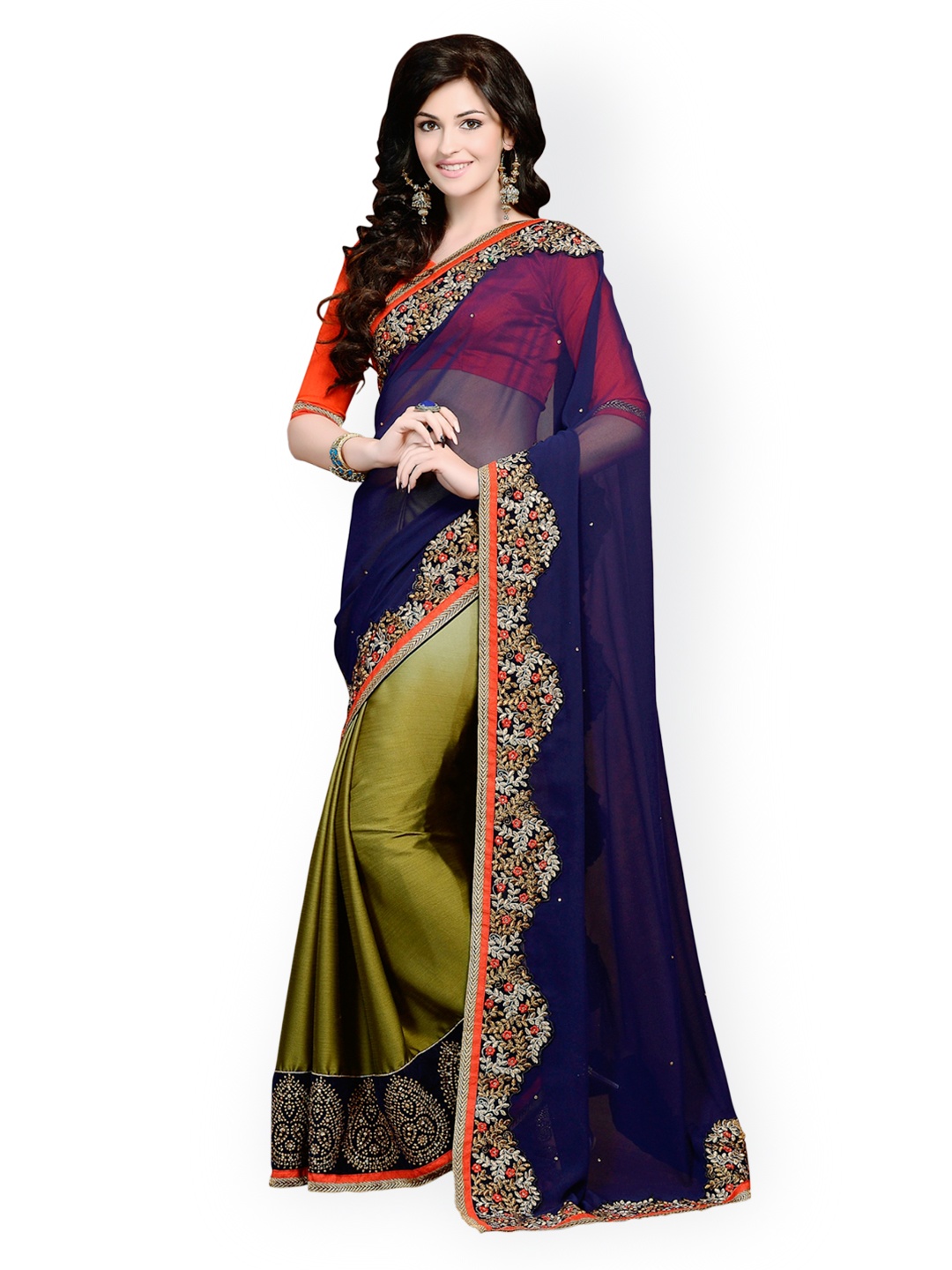 

Kalista Navy & Green Embroidered Satin Partywear Saree, Navy blue