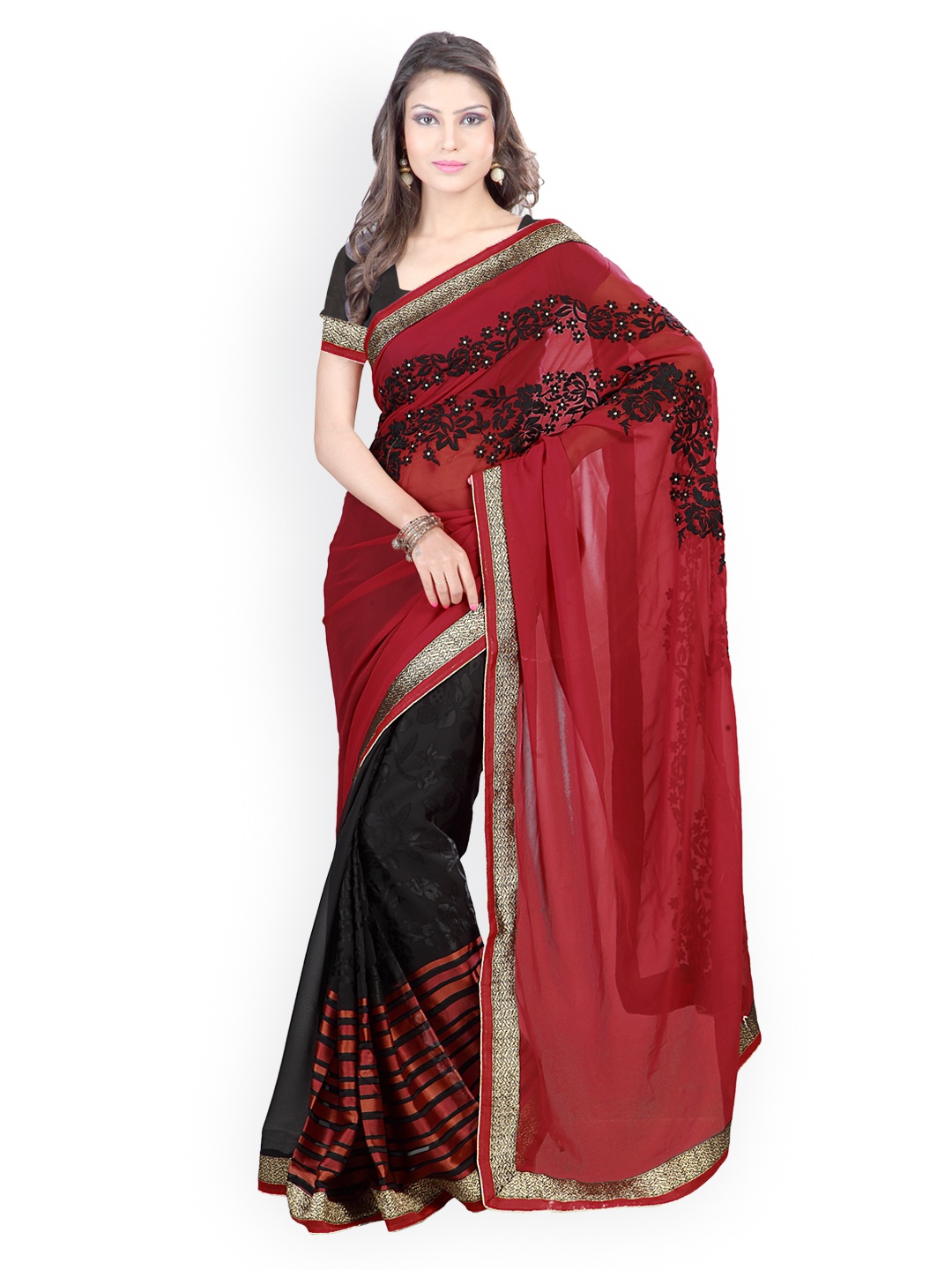 

Kalista Maroon & Black Embroidered Jacquard & Chiffon Partywear Saree