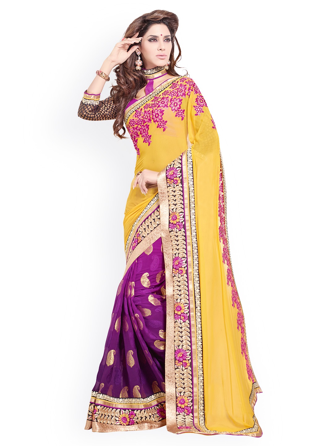 

Kalista Yellow & Purple Embroidered Partywear Saree