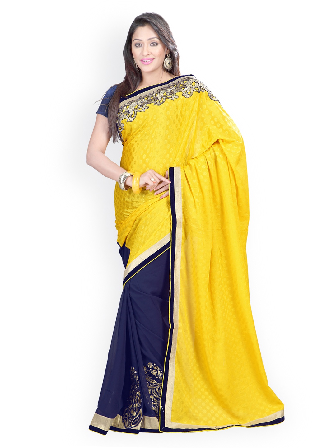 

Kalista Yellow & Blue Embroidered Chiffon & Jacquard Partywear Saree