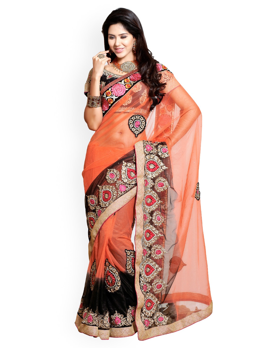 

Kalista Orange & Black Embroidered Net Partywear Saree
