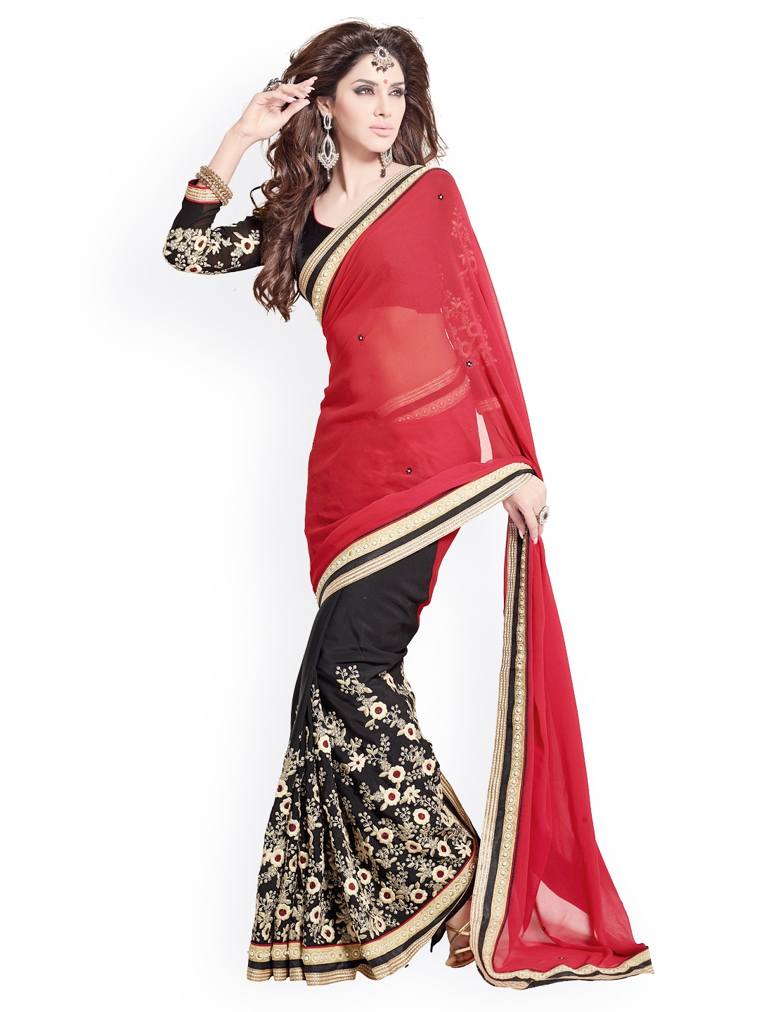 

Kalista Red & Black Embroidered Georgette Partywear Saree