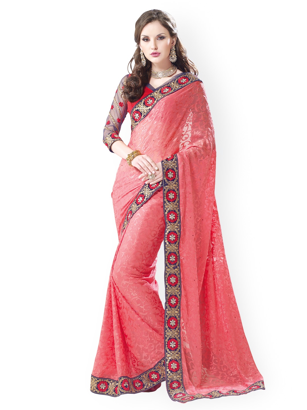 

Kalista Peach-Coloured Embroidered Brasso Partywear Saree