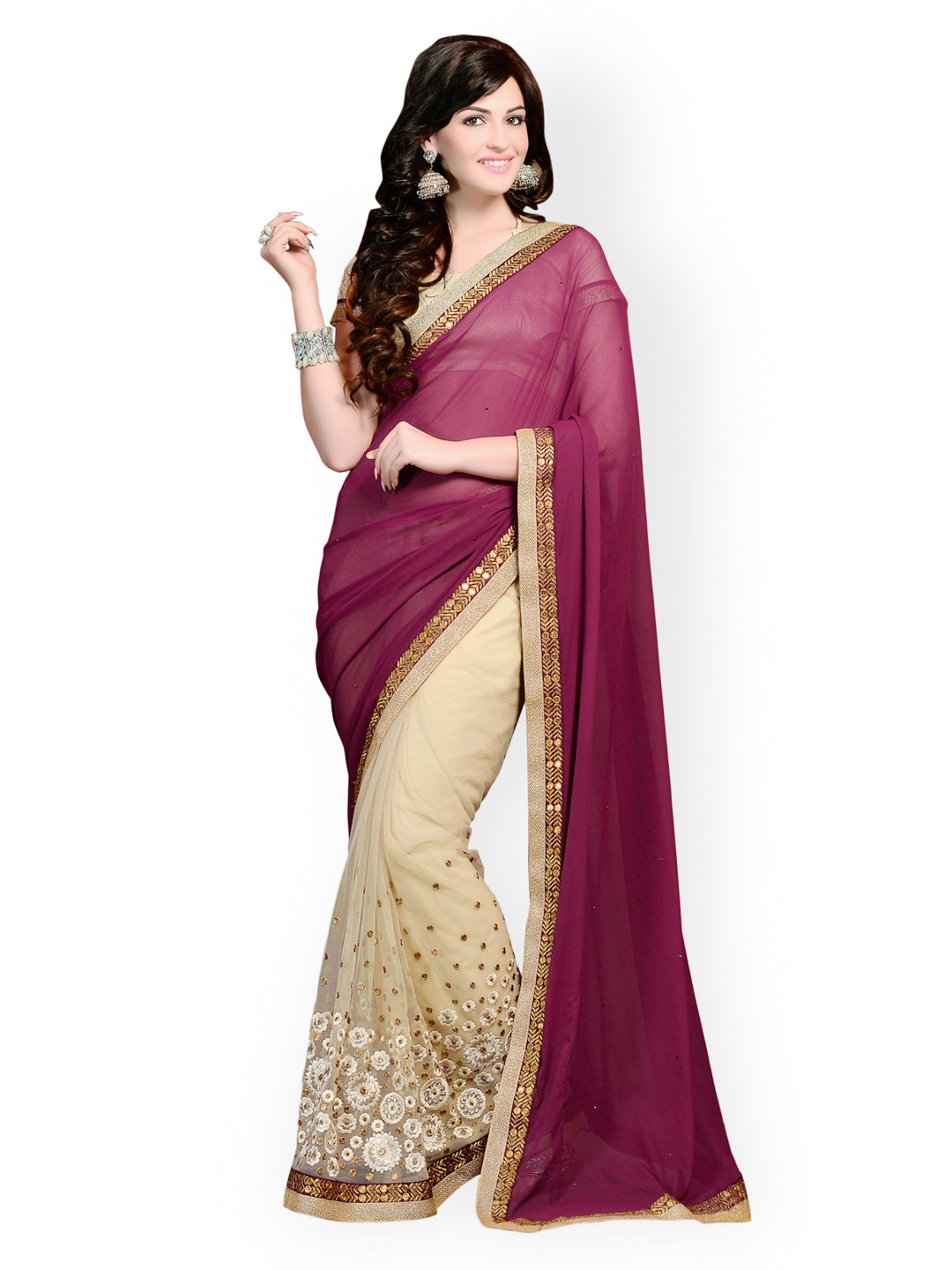 

Kalista Purple & Beige Embroidered Net Partywear Saree