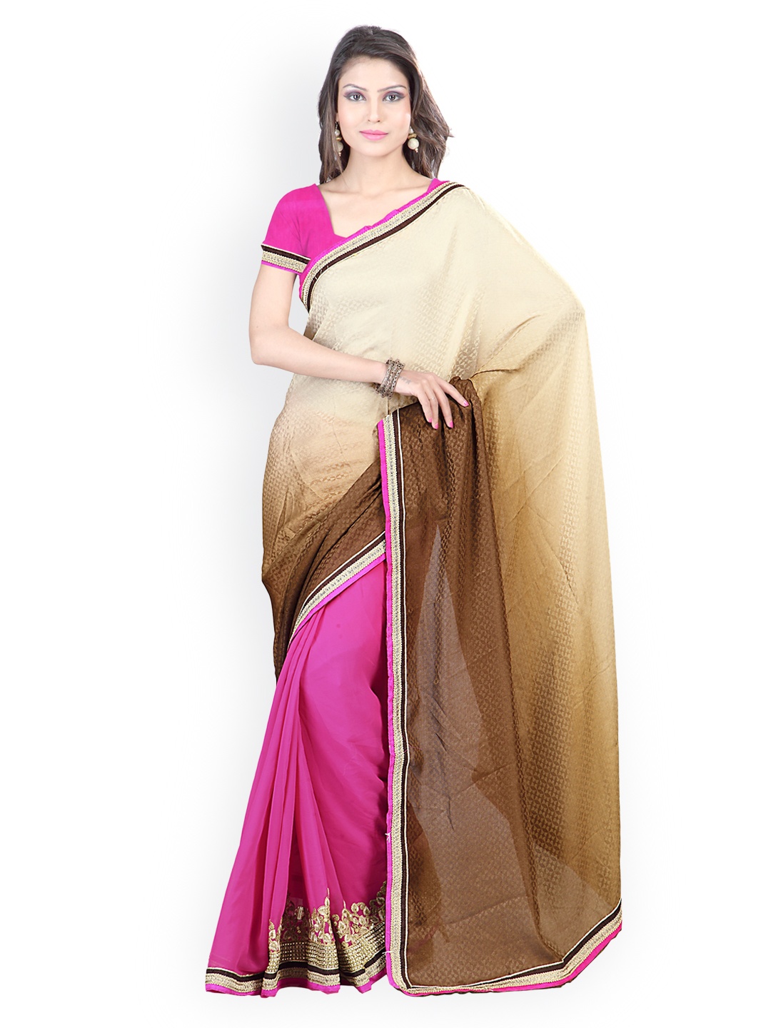 

Kalista Brown & Pink Embroidered Chiffon & Jacquard Partywear Saree