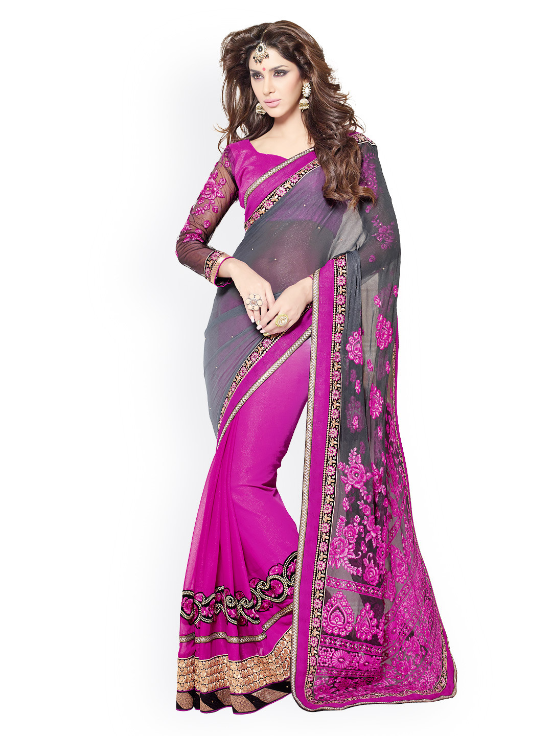 

Kalista Purple & Grey Embroidered Georgette Partywear Saree