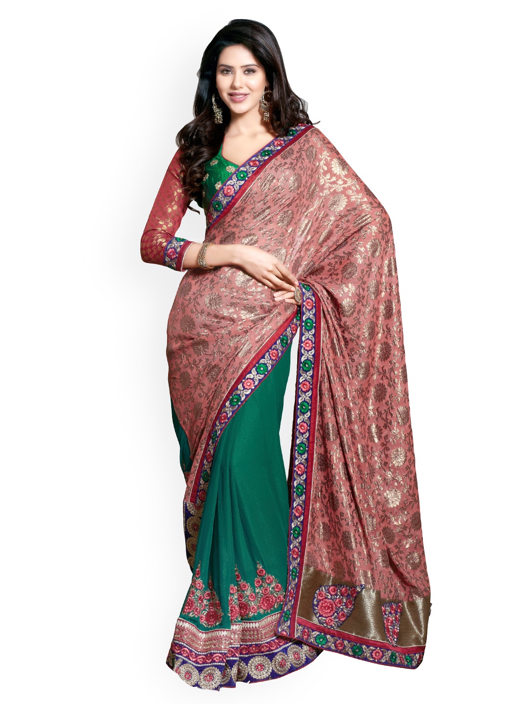 

Kalista Green & Brown Embroidered Georgette & Viscose Partywear Saree