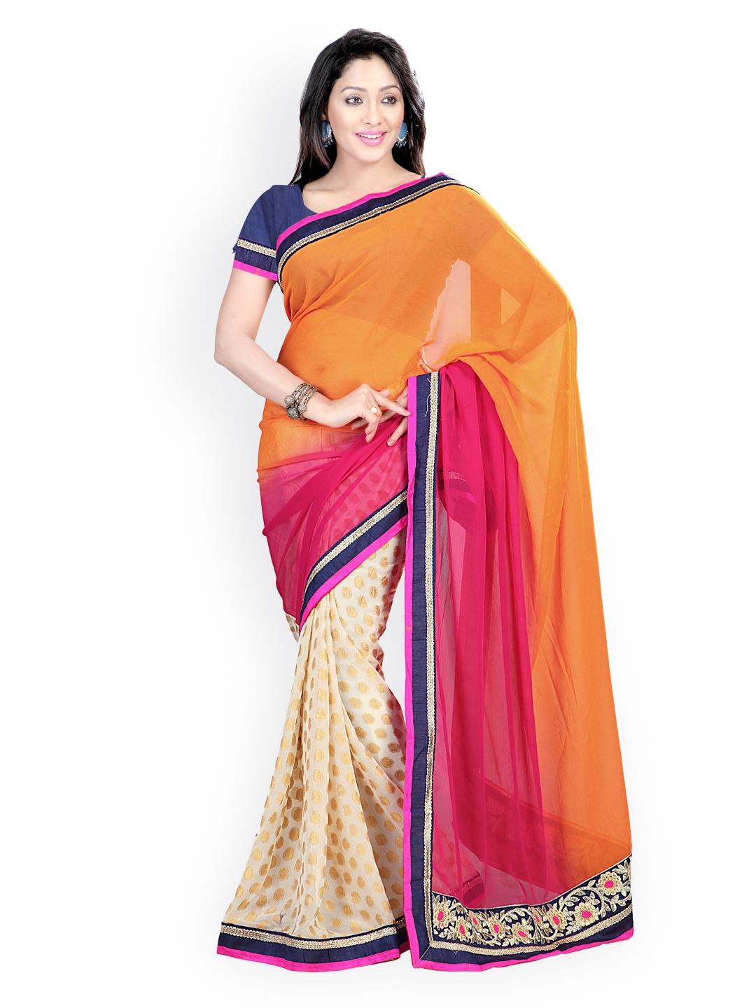 

Kalista Orange & Beige Embroidered Chiffon & Jacquard Partywear Saree