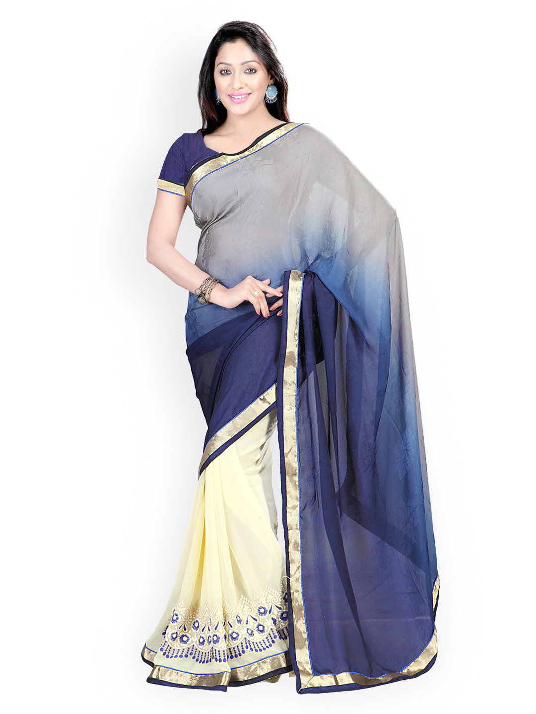 

Kalista Grey & Cream-Coloured Embroidered Chiffon & Georgette Partywear Saree