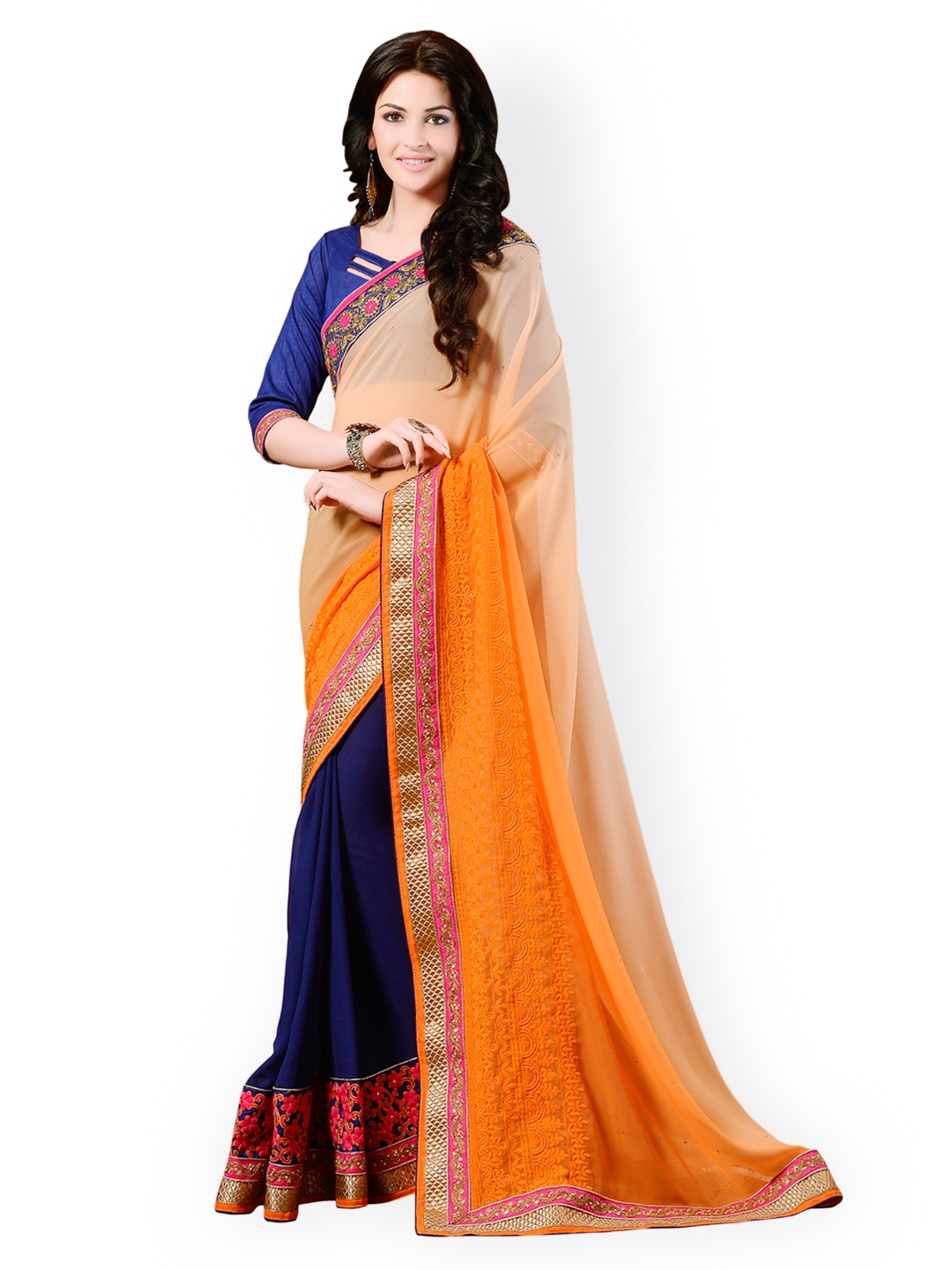 

Kalista Orange & Blue Embroidered Satin Partywear Saree