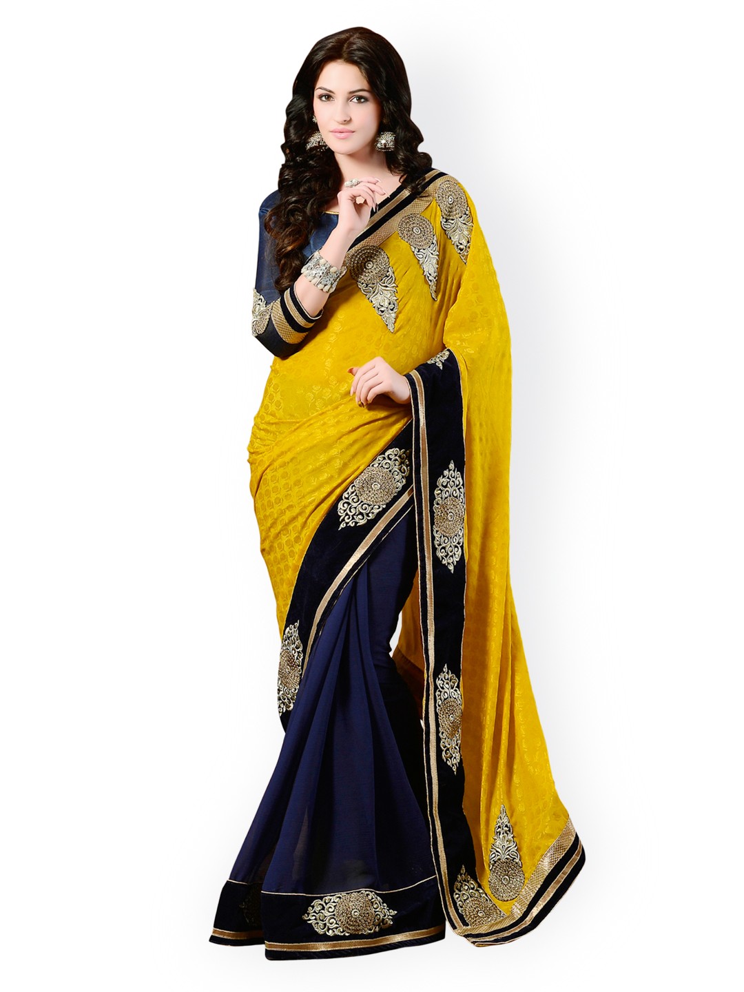 

Kalista Yellow & Navy Embroidered Georgette Partywear Saree
