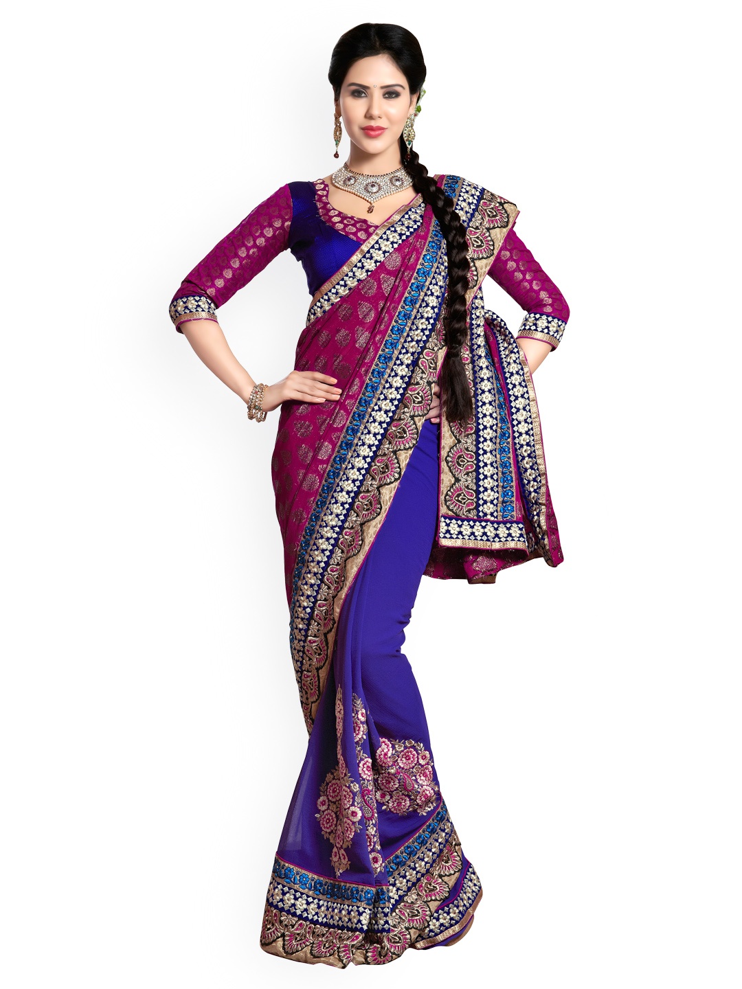 

Kalista Blue & Purple Embroidered Chiffon & Viscose Partywear Saree
