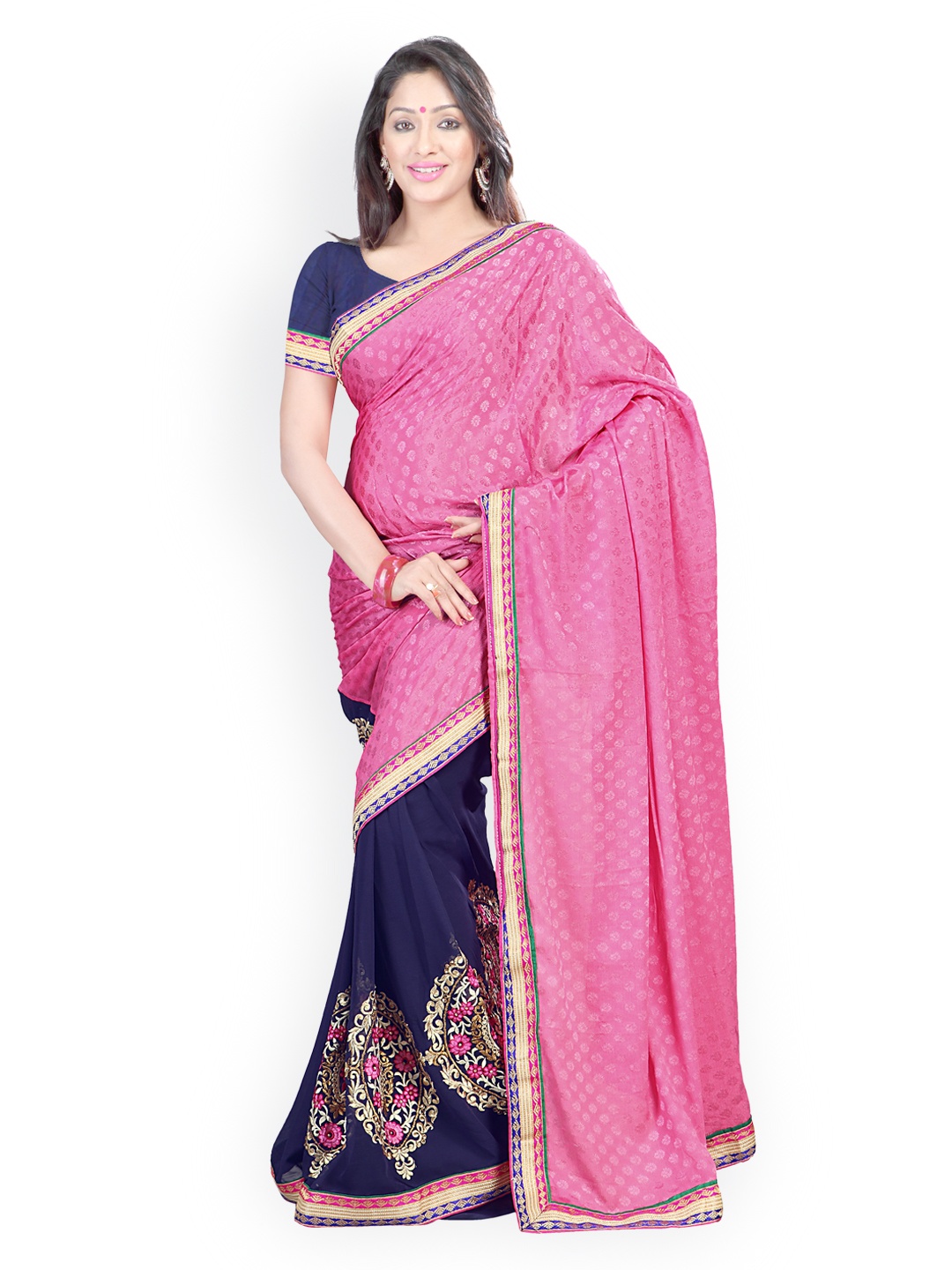 

Kalista Pink & Blue Embroidered Chiffon & Jacquard Partywear Saree