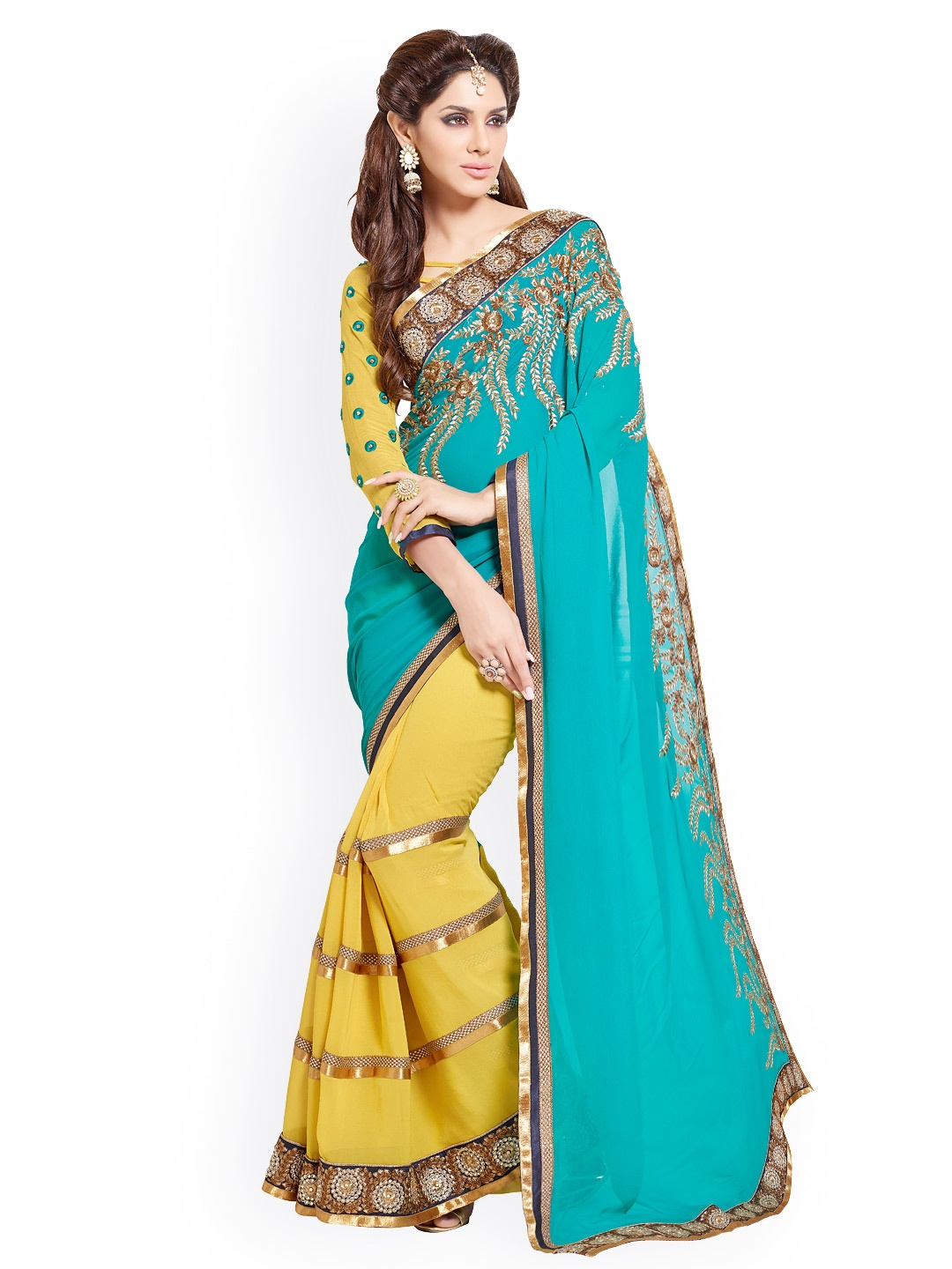 

Kalista Green & Mustard Yellow Georgette Partywear Saree