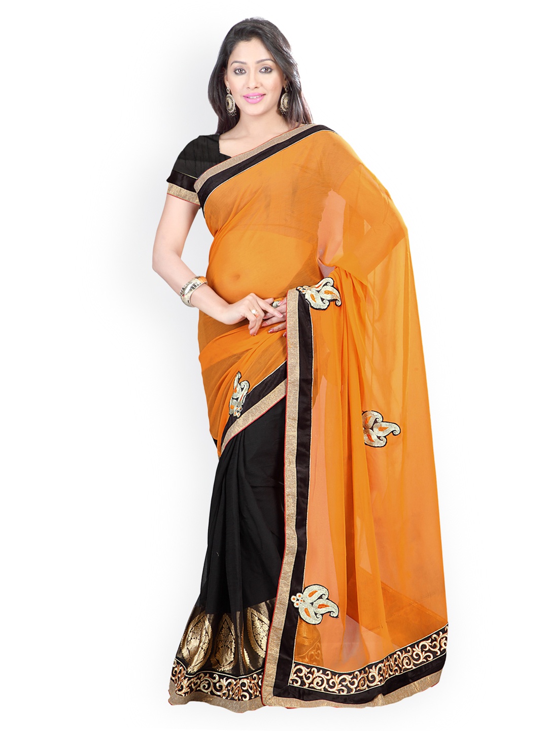 

Kalista Orange & Black Embroidered Chiffon Partywear Saree