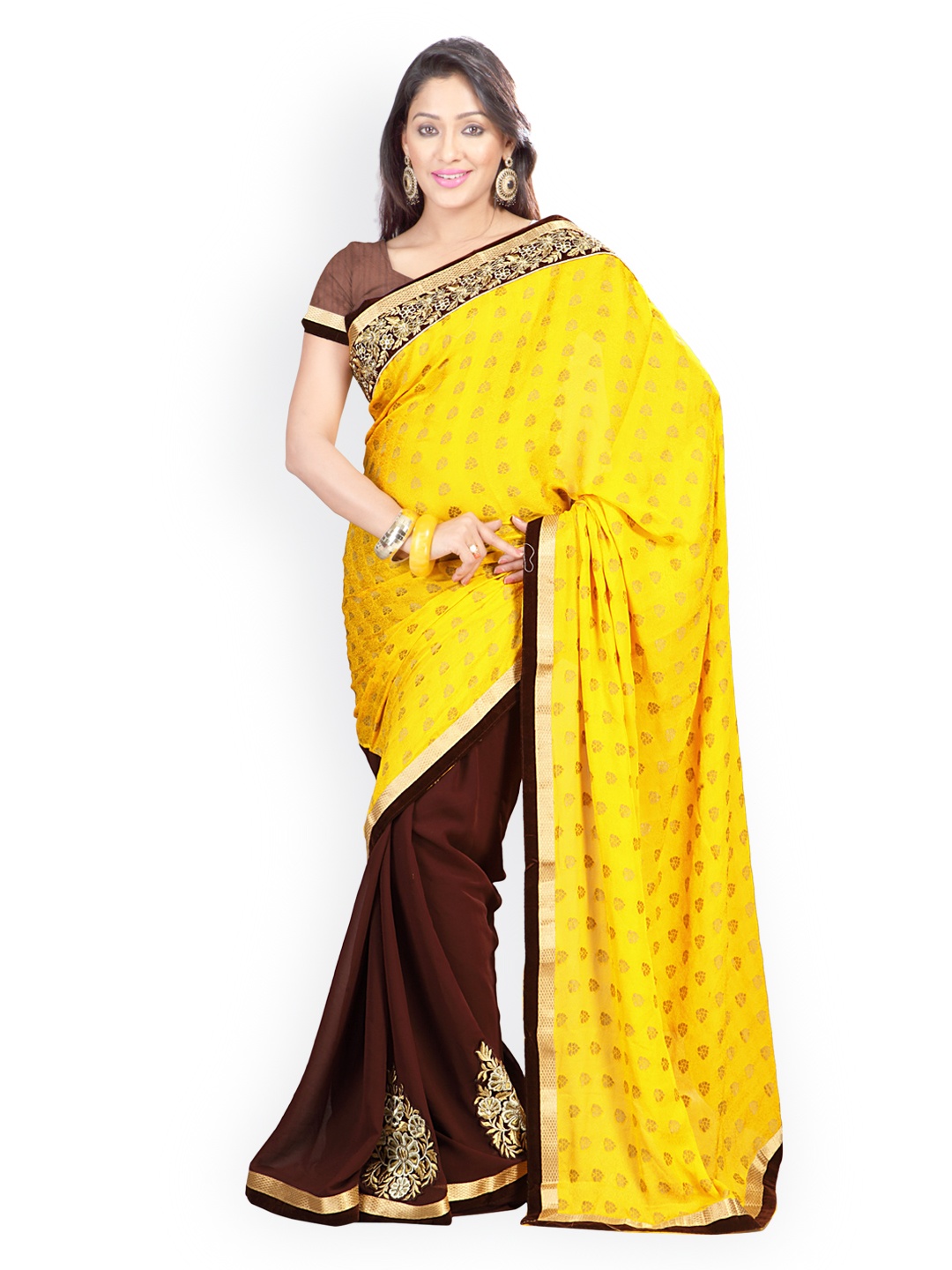 

Kalista Yellow & Brown Embroidered Chiffon & Jacquard Partywear Saree