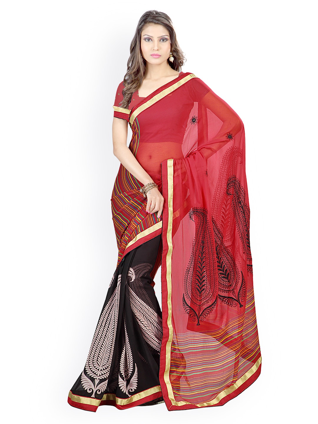 

Kalista Red & Black Printed Georgette Fashion Saree