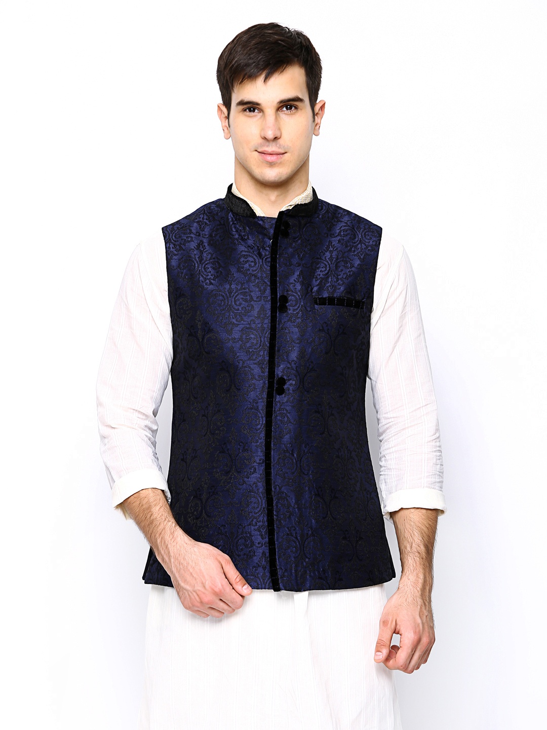 

Manyavar Blue Embroidered Comfort Fit Nehru Jacket