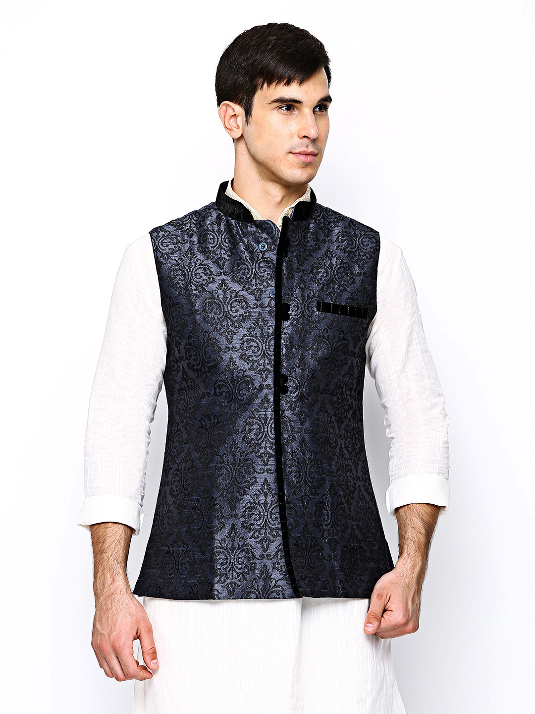 

Manyavar Navy Embroidered Nehru Jacket, Black