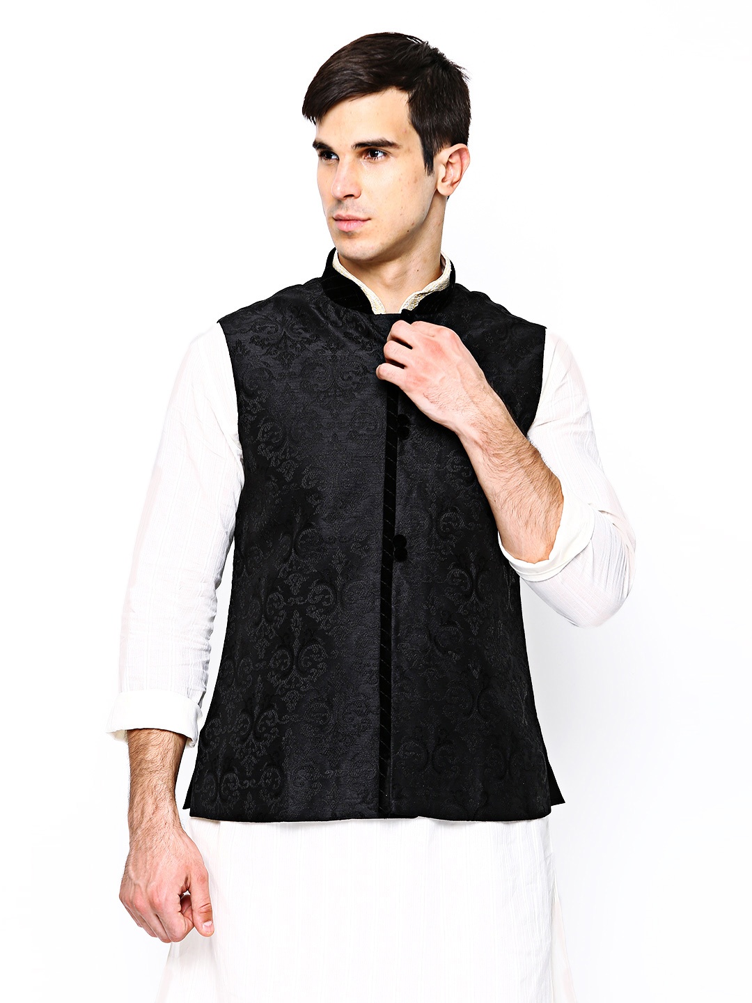 

Manyavar Black Embroidered Nehru Jacket