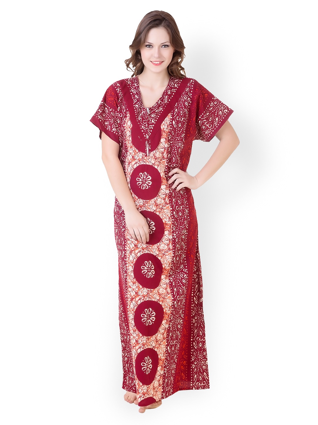 

Masha Maroon & Cream-Coloured Printed Maxi Nightdress NT53-181