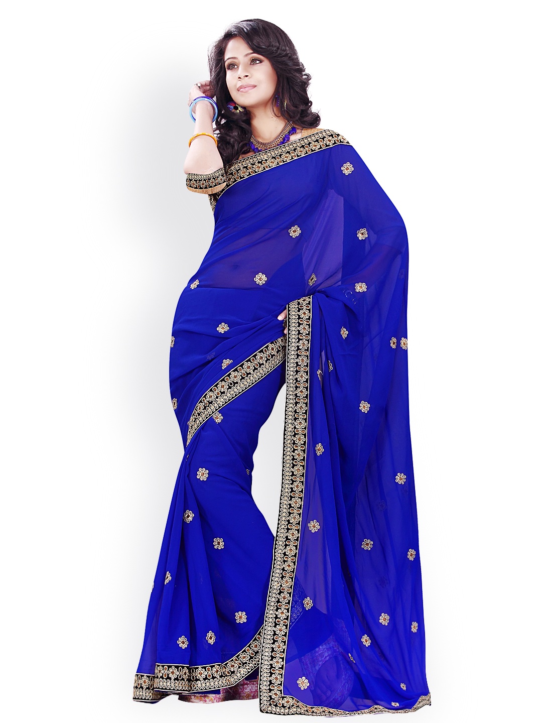 

MIRCHI FASHION Blue Embroidered Poly Georgette Fashion Saree