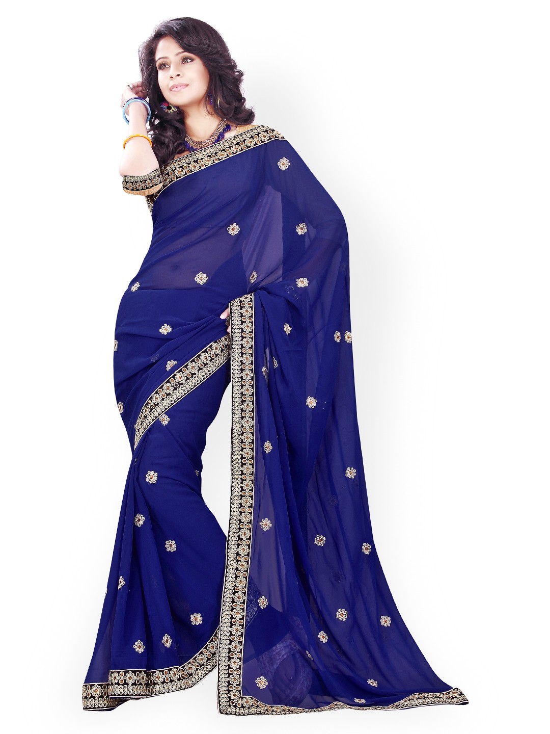 

Mirchi Fashion Navy Embroidered Poly Georgette Fashion Saree, Navy blue