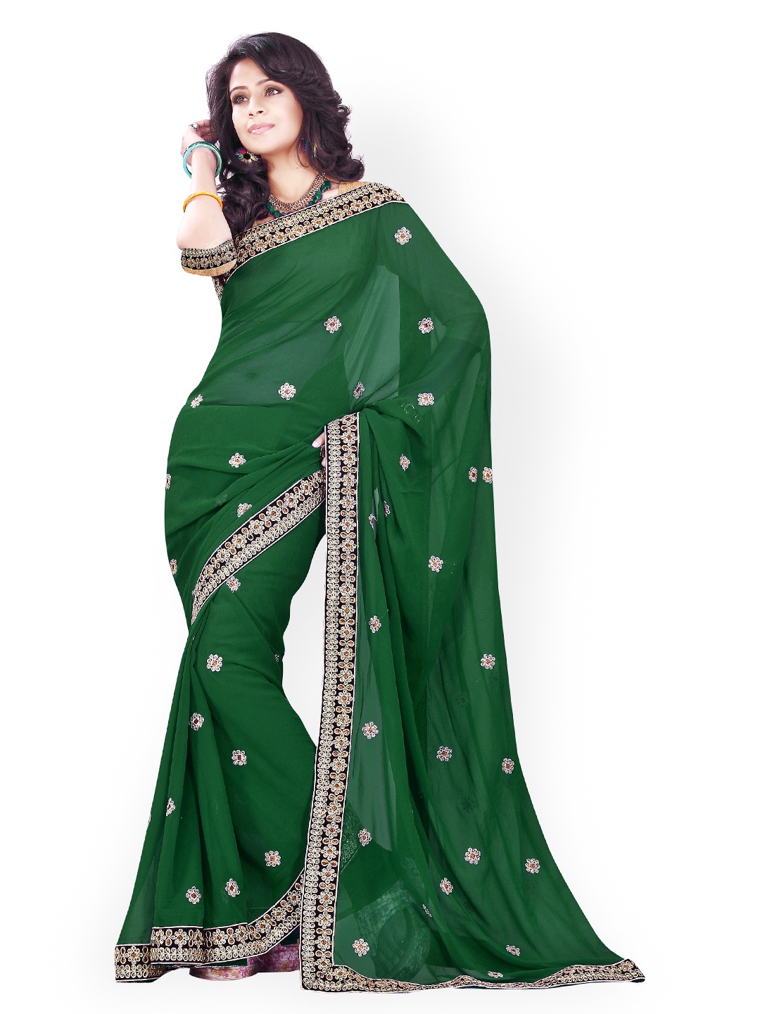 

MIRCHI FASHION Green Embroidered Poly Georgette Fashion Saree