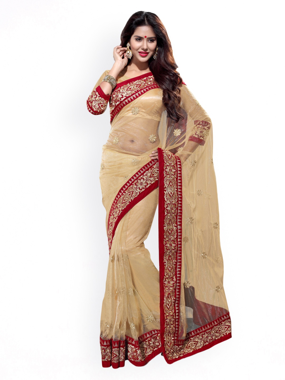 

MIRCHI FASHION Beige Embroidered Supernet Fashion Saree
