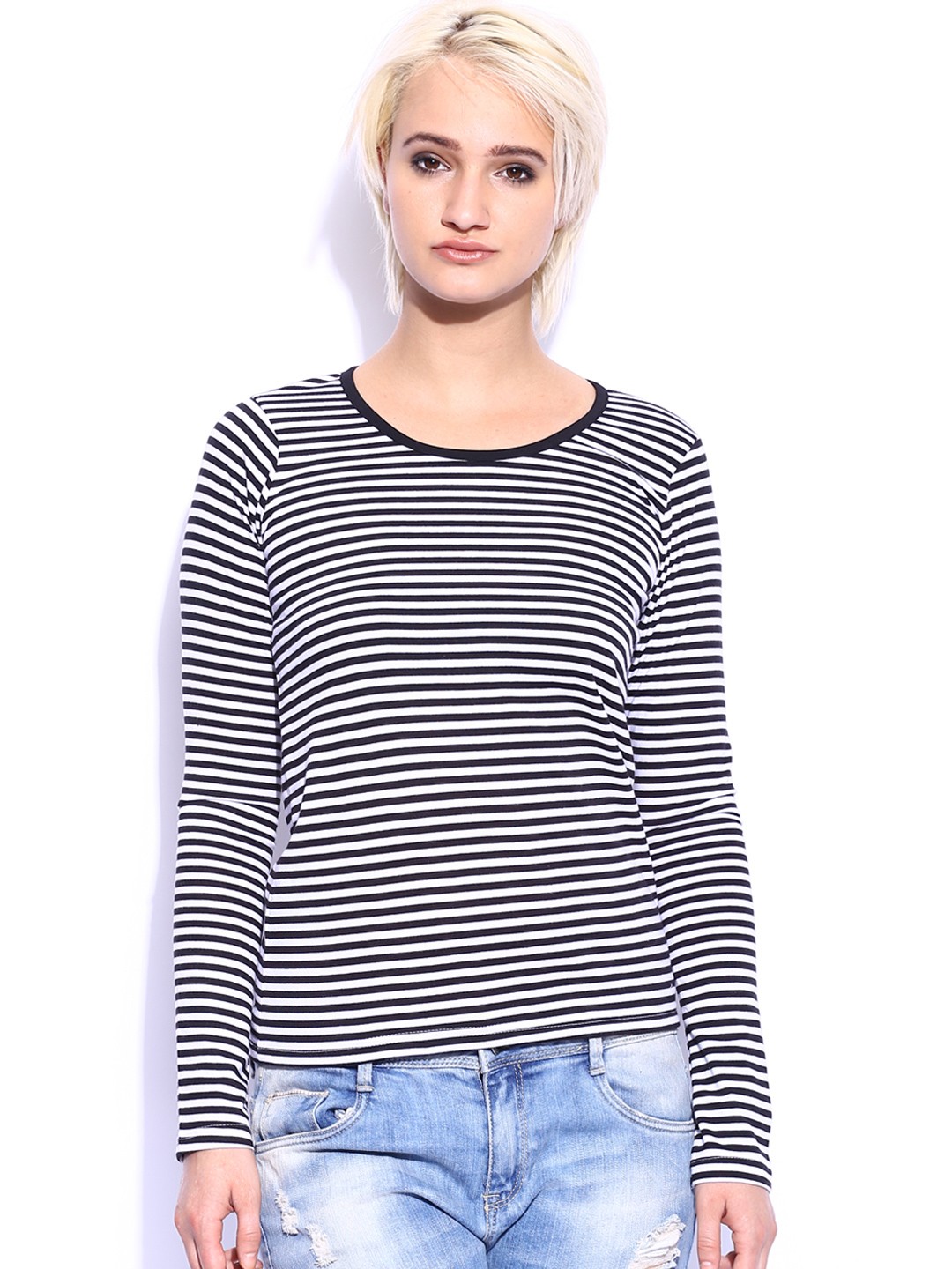 

Miss Chase Women Black & White Striped T-shirt