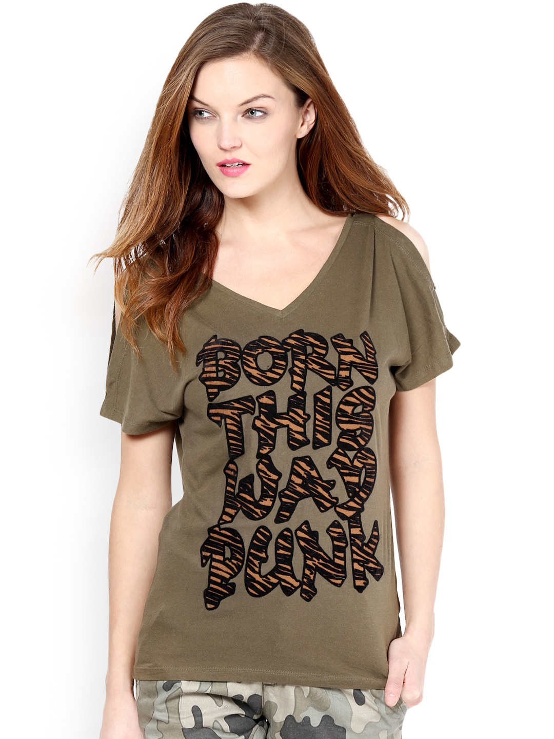 

PUNK Women Olive Green Printed T-shirt