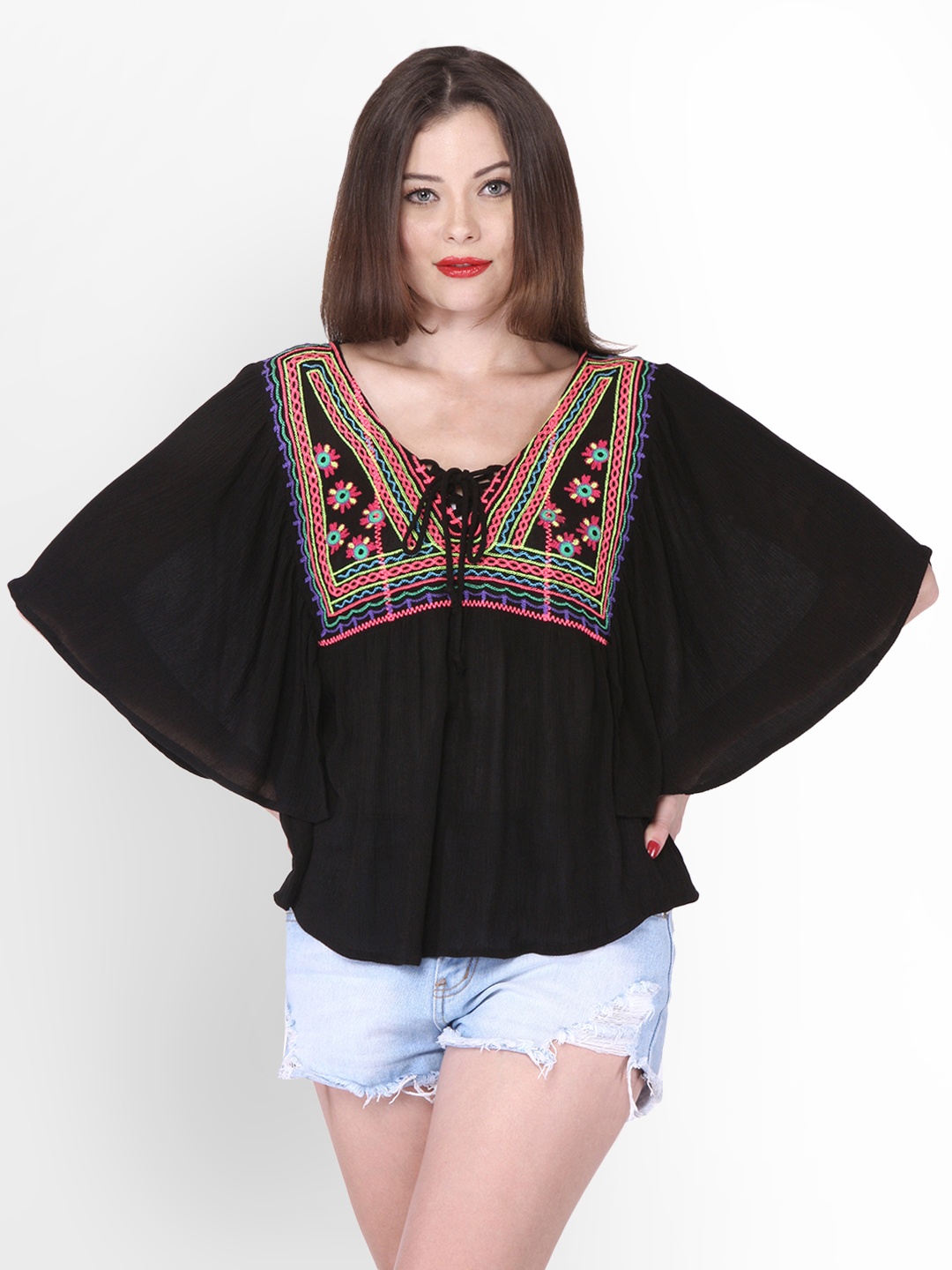 

PURYS Women Black Embroidered Top