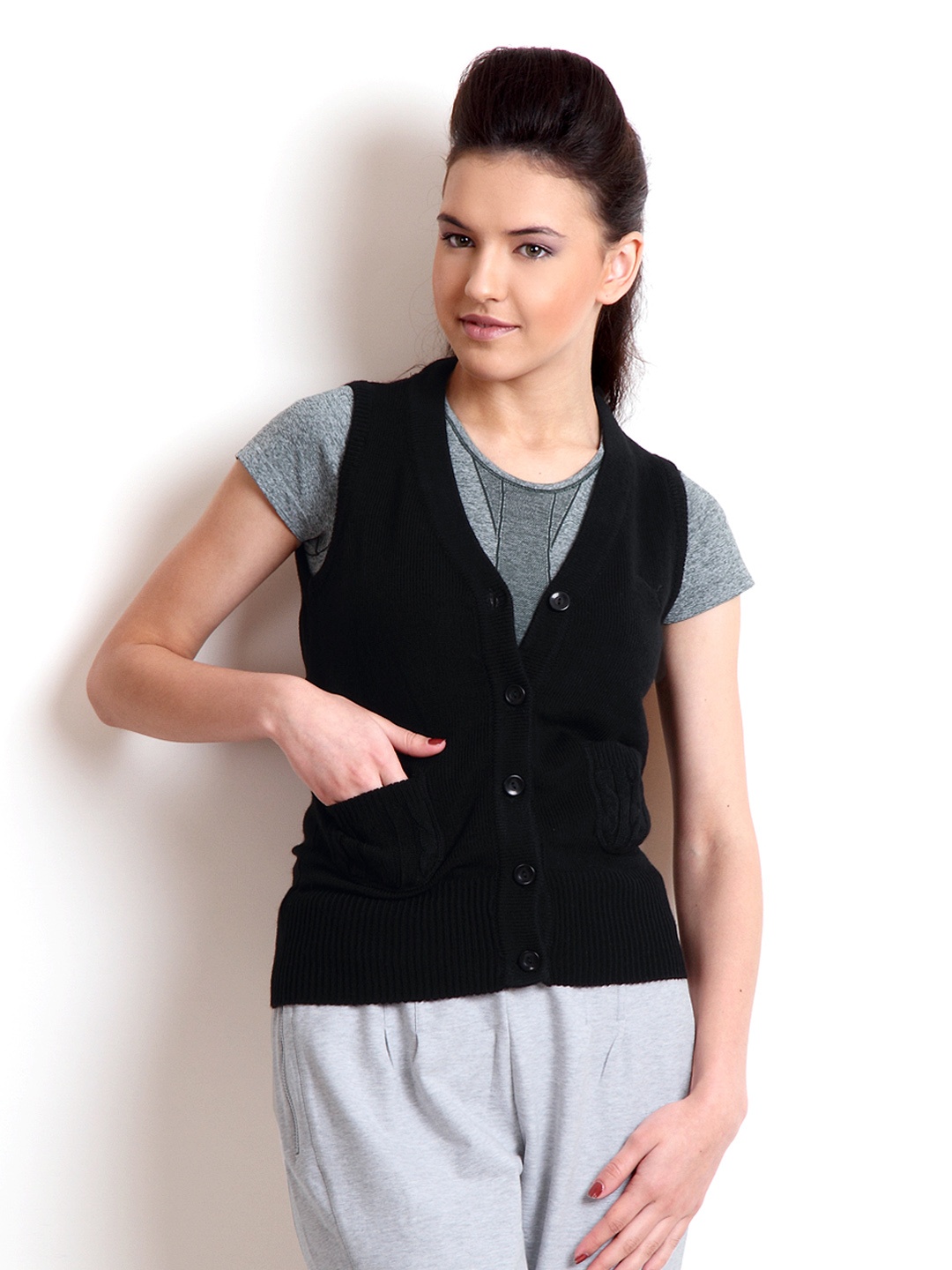 

Puma Women Black Knit Sleeveless Cardigan