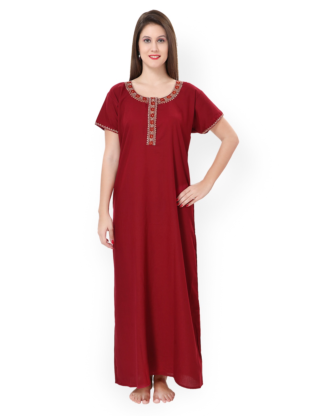 

Sand Dune Maroon Embroidered Maxi Nightdress 841-Maroon