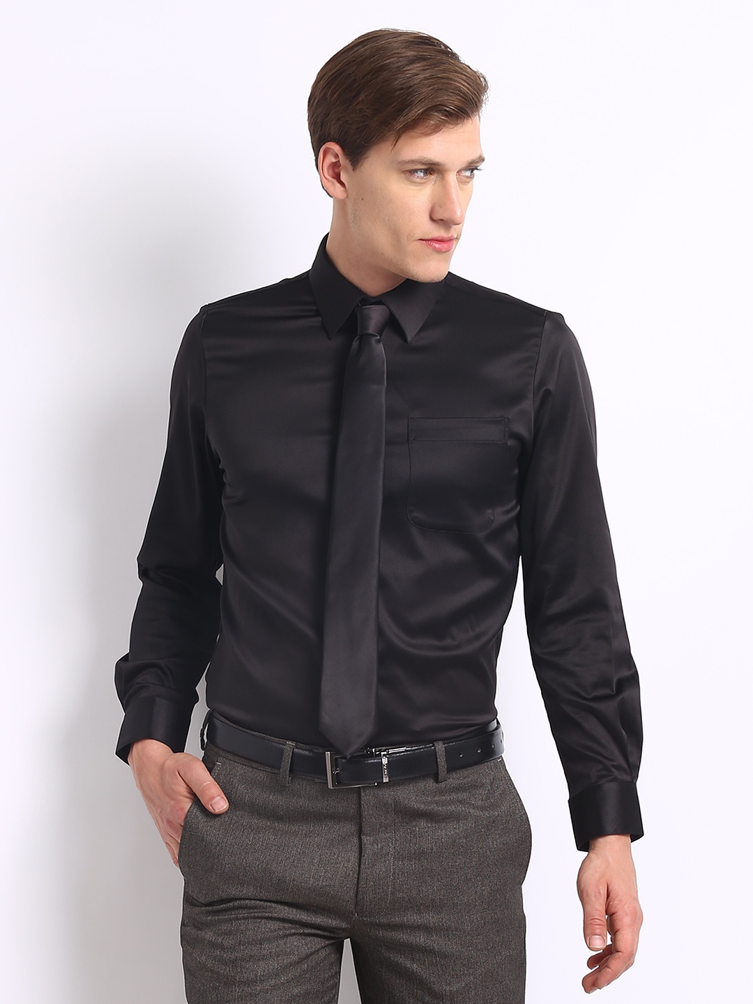 

Turtle Men Black Luxury Slim Fit Formal Shirt with Tie
