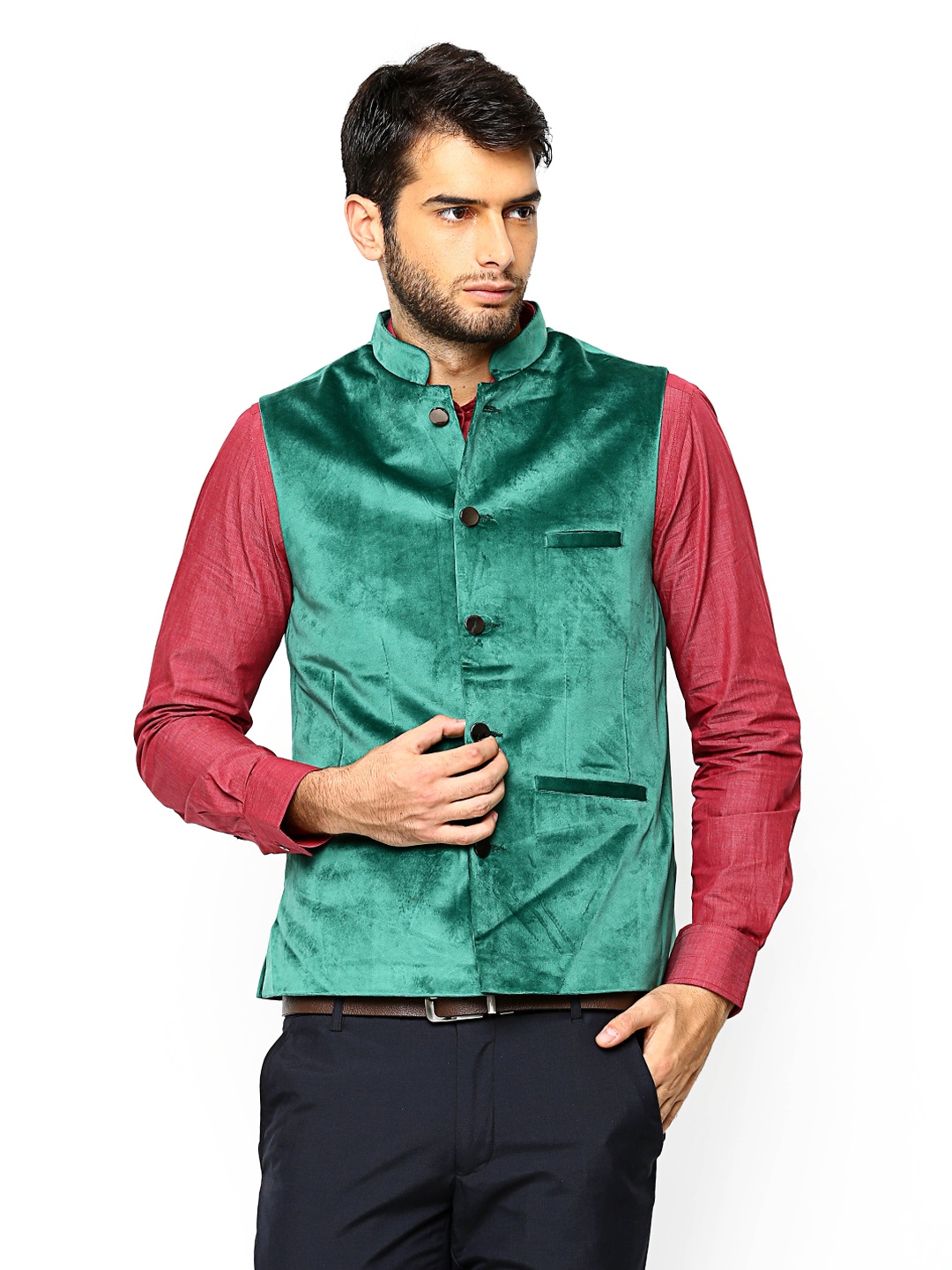 

Turtle Men Green Velvet Nehru Jacket