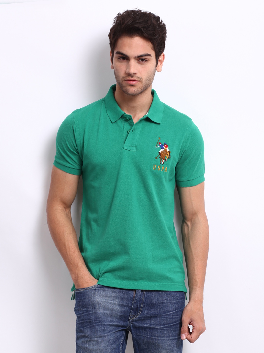 

U.S. Polo Assn. Men Green Pique Polo Pure Cotton T-shirt