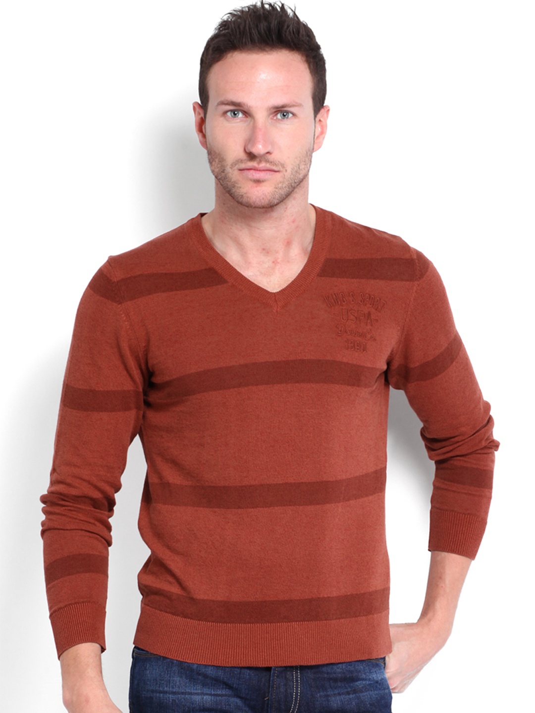 

U.S. Polo Assn. Men Rust Brown Linen Striped Sweater