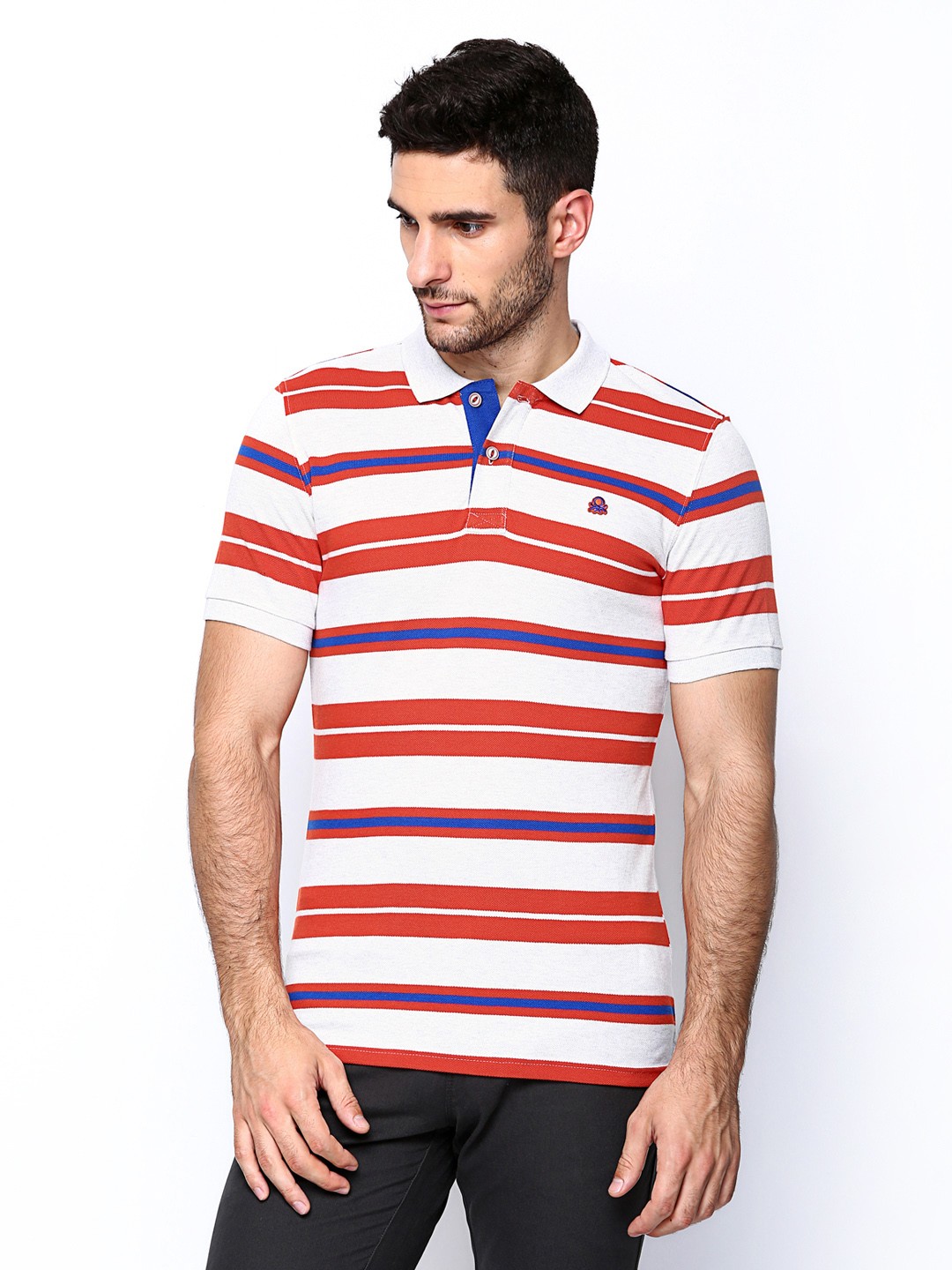 

United Colors of Benetton Men White Striped Polo Pure Cotton T-shirt