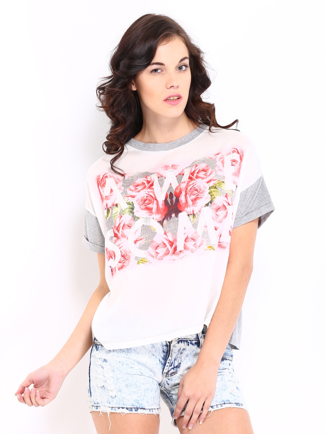 

United Colors of Benetton Women Grey Melange & White Printed Top