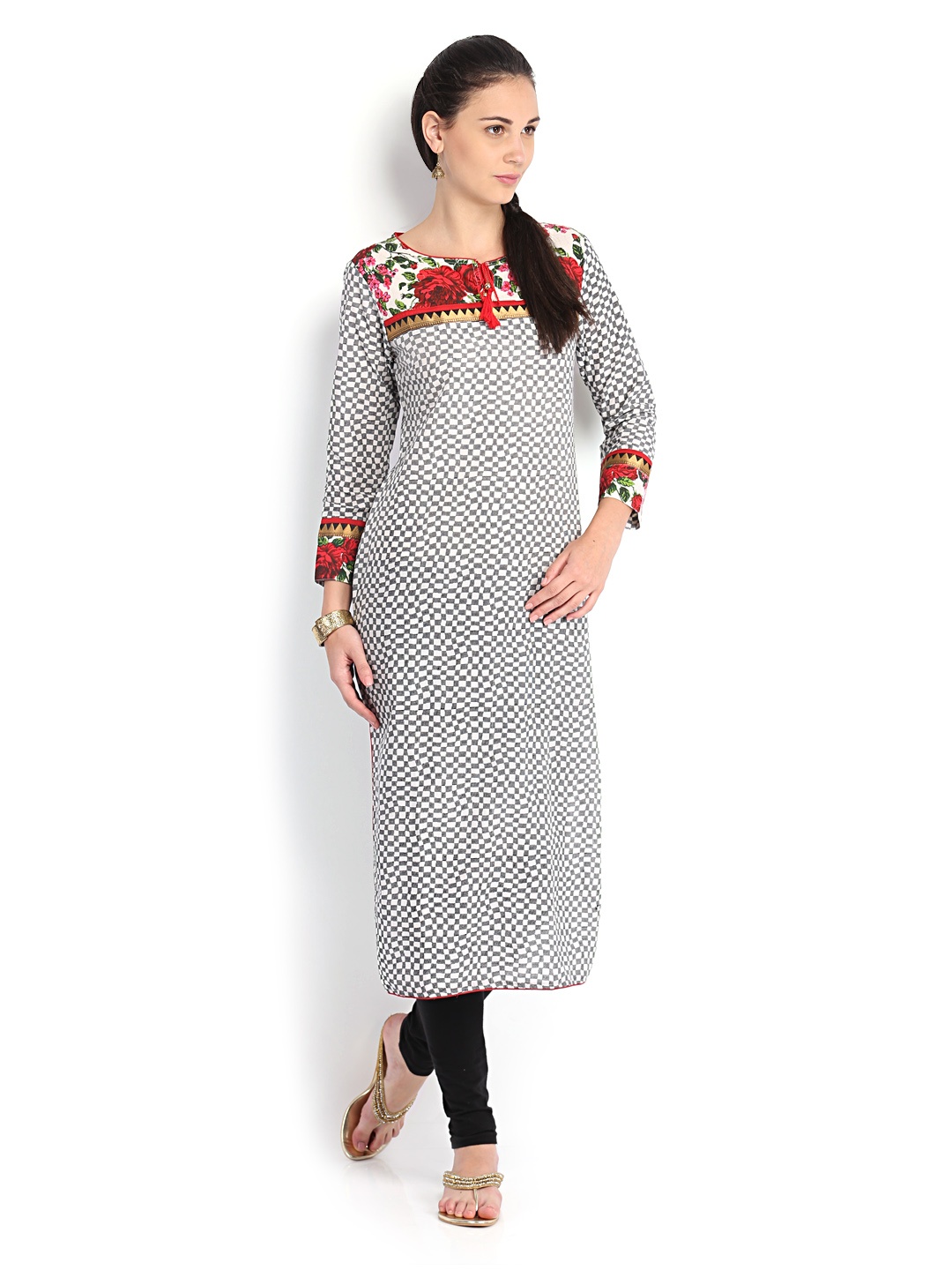 

Vishudh Women Black & White Checked Kurta