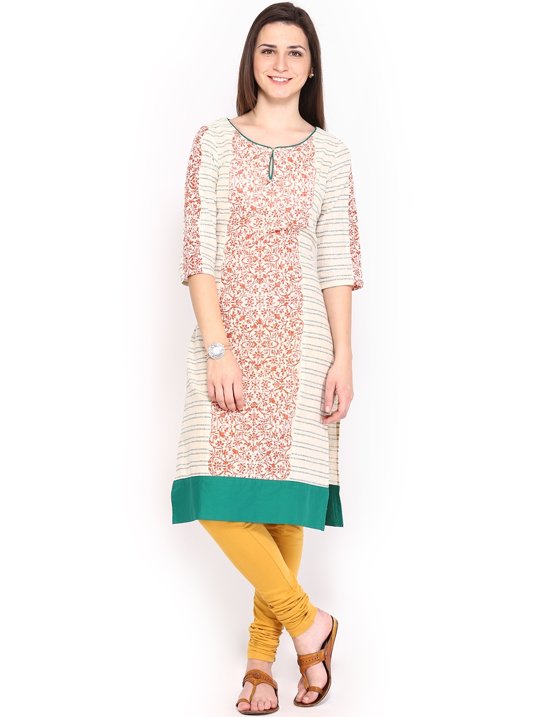 

W Women Off-White & Green Printed Kurta