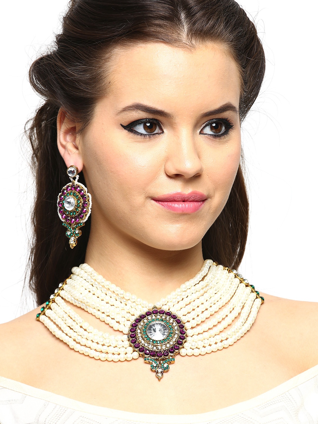 

Zaveri Pearls Cream-Coloured & Purple Gold-Plated Jewellery Set