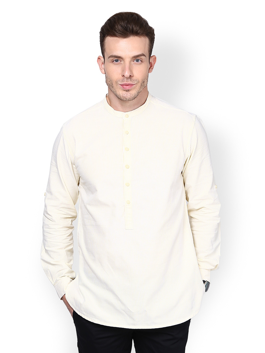 

even Men Yellow Striped Kurta