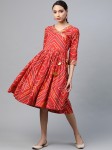 Anubhutee Red & White Bandhani Printed Pure Cotton Angrakha A-Line Dress