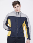Locomotive Men Navy Blue & Grey Colourblocked Hooded Tailored Cotton Jacket
