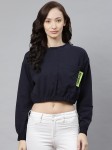 Hubberholme Women Navy Blue Solid Cropped Sweatshirt