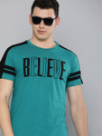 Here&Now Men Teal & Black Typography Colourblocked casual T-shirt