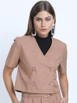Chic By Tokyo Talkies Women Pink Checked Crop Double-Breasted Blazer